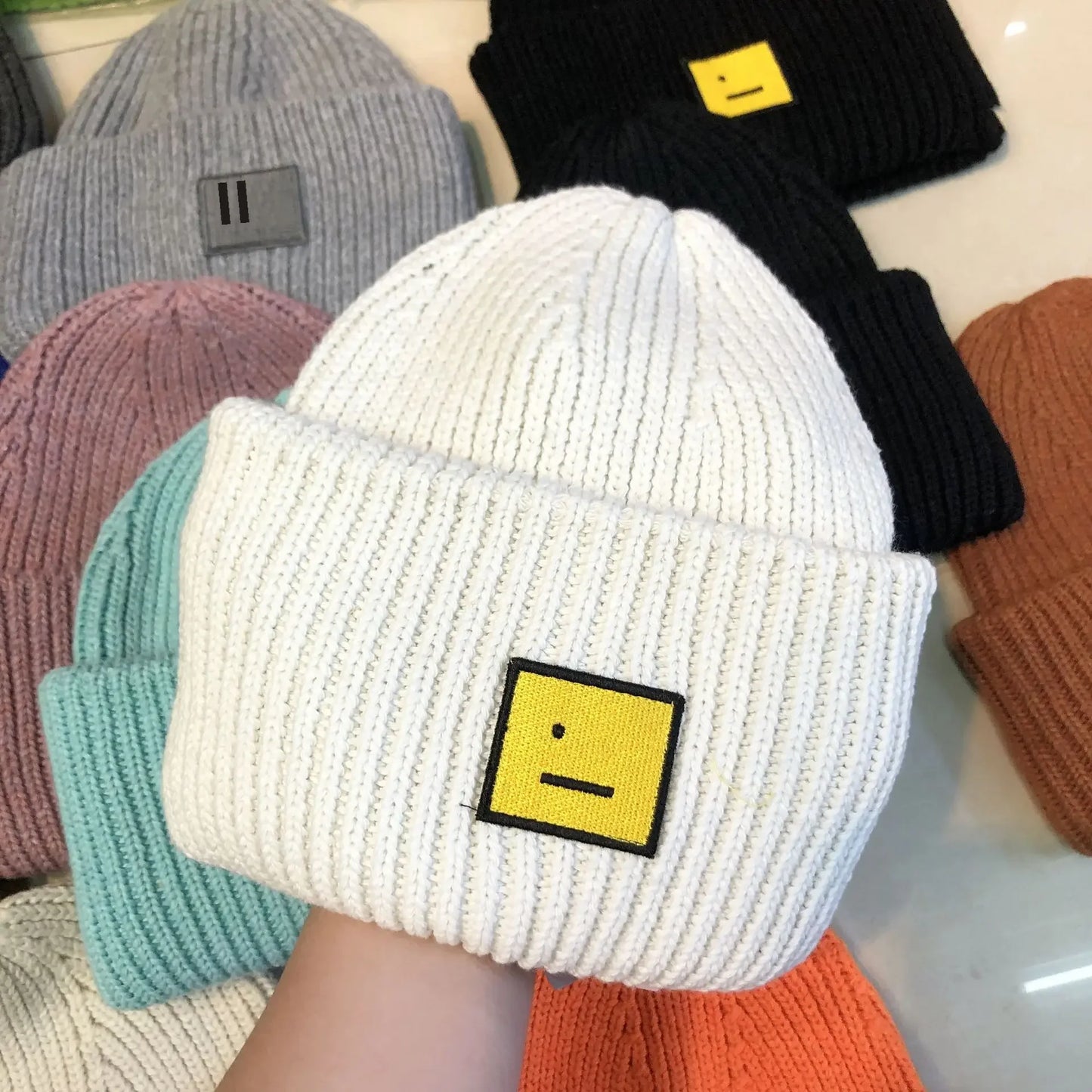 Block Smiley Face Wool Knit Hat