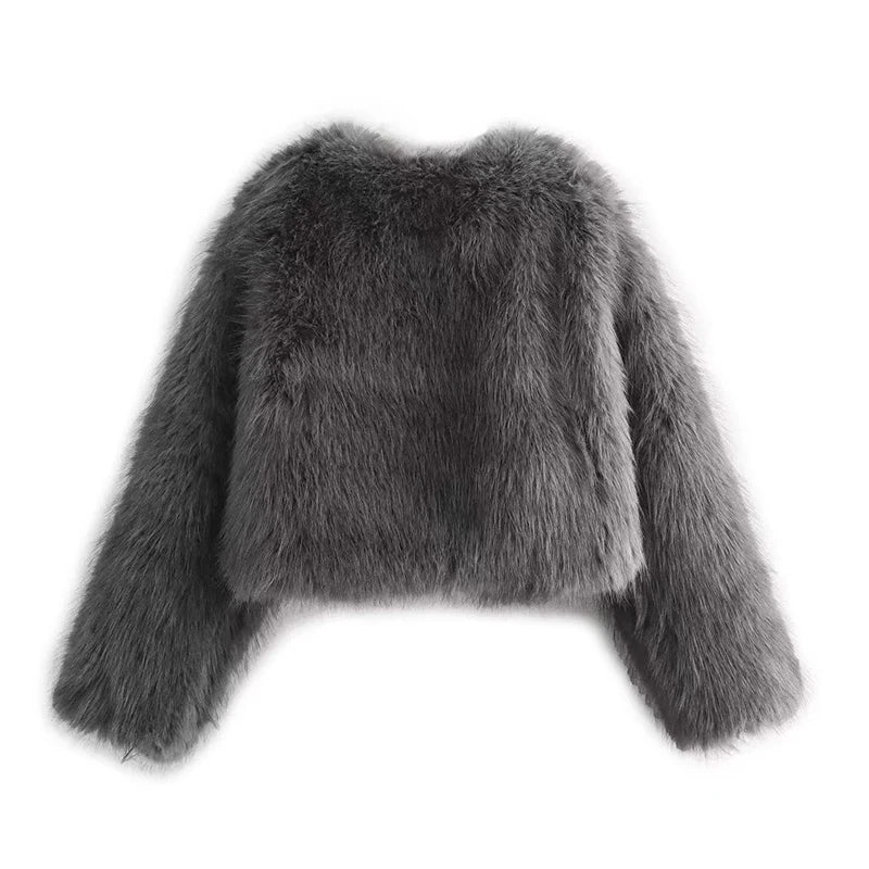 Suede  Round Neck Pocket Fur Coat