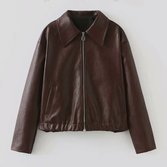 Lapel Long Sleeved Short Leather Jacket