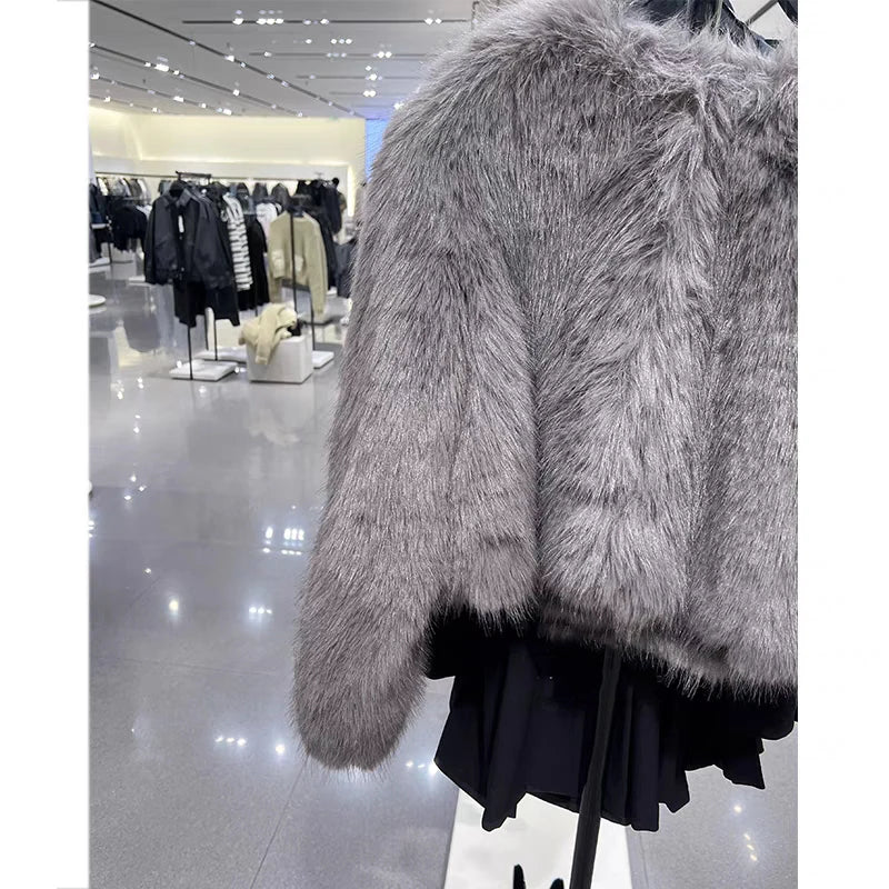 Suede  Round Neck Pocket Fur Coat