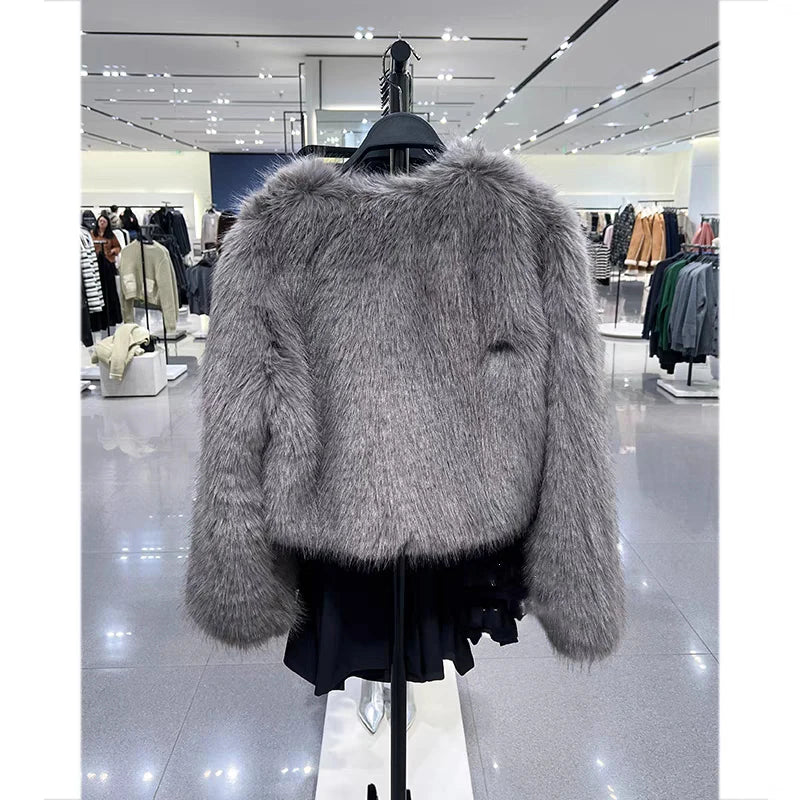 Suede  Round Neck Pocket Fur Coat