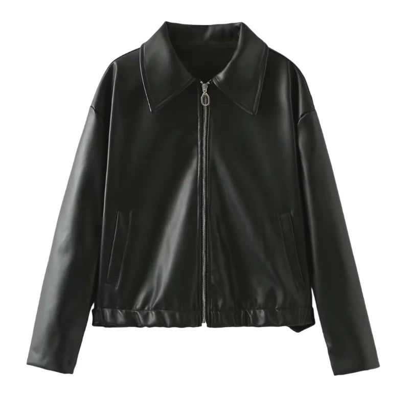 Lapel Long Sleeved Short Leather Jacket