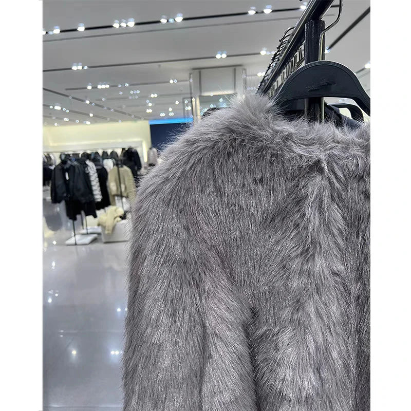 Suede  Round Neck Pocket Fur Coat