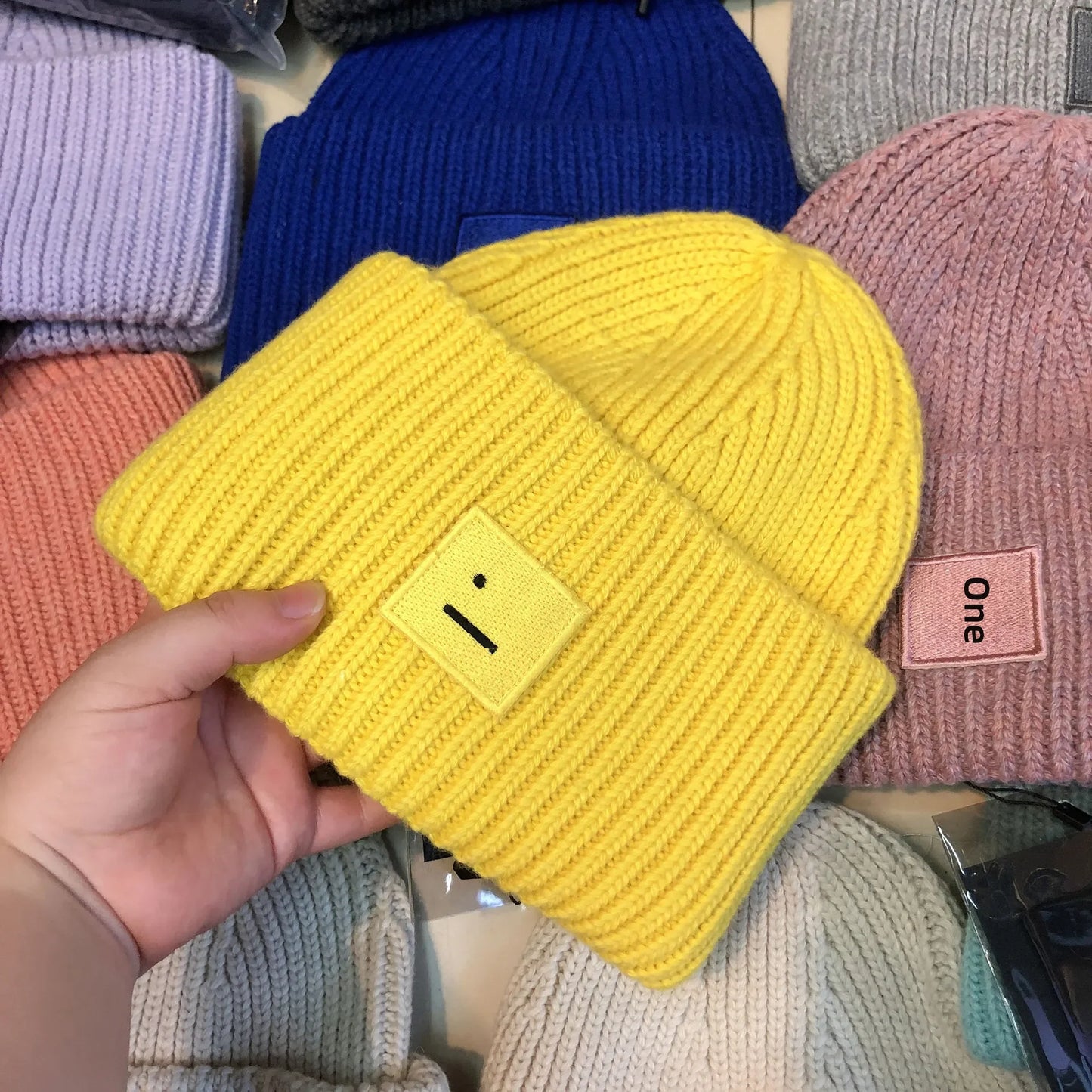 Block Smiley Face Wool Knit Hat