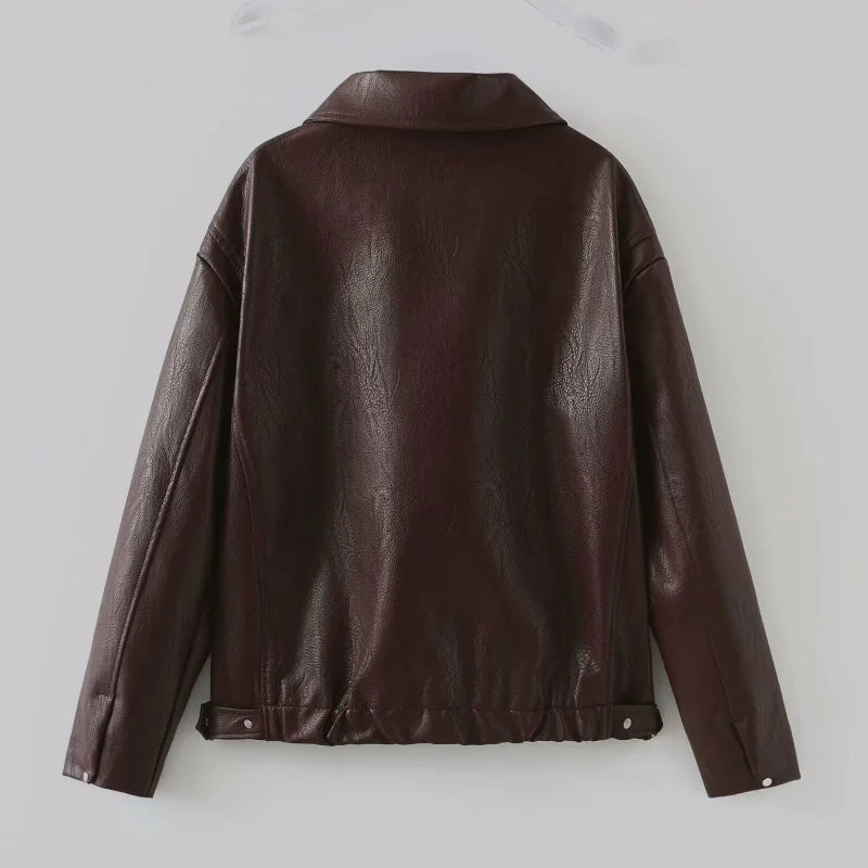 Lapel Long Sleeved Short Leather Jacket