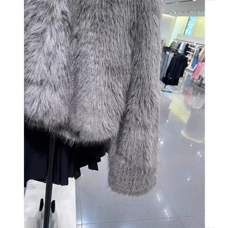 Suede  Round Neck Pocket Fur Coat