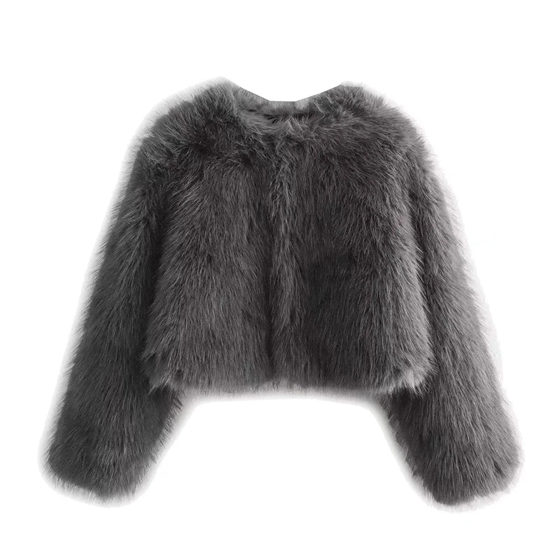 Suede  Round Neck Pocket Fur Coat